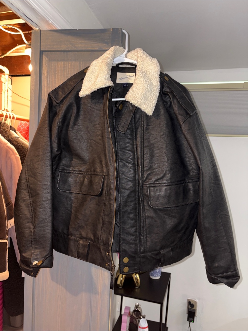 Universal Thread Black Bomber Jacket with Cream Sherpa Collar